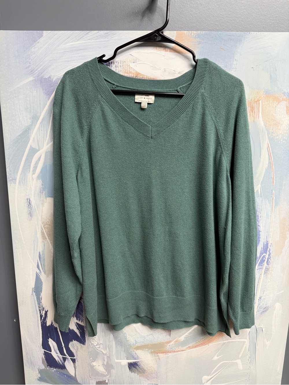Lucky Brand Green V Neck Sweater Women’s XL Knit Pullover Long Sleeve